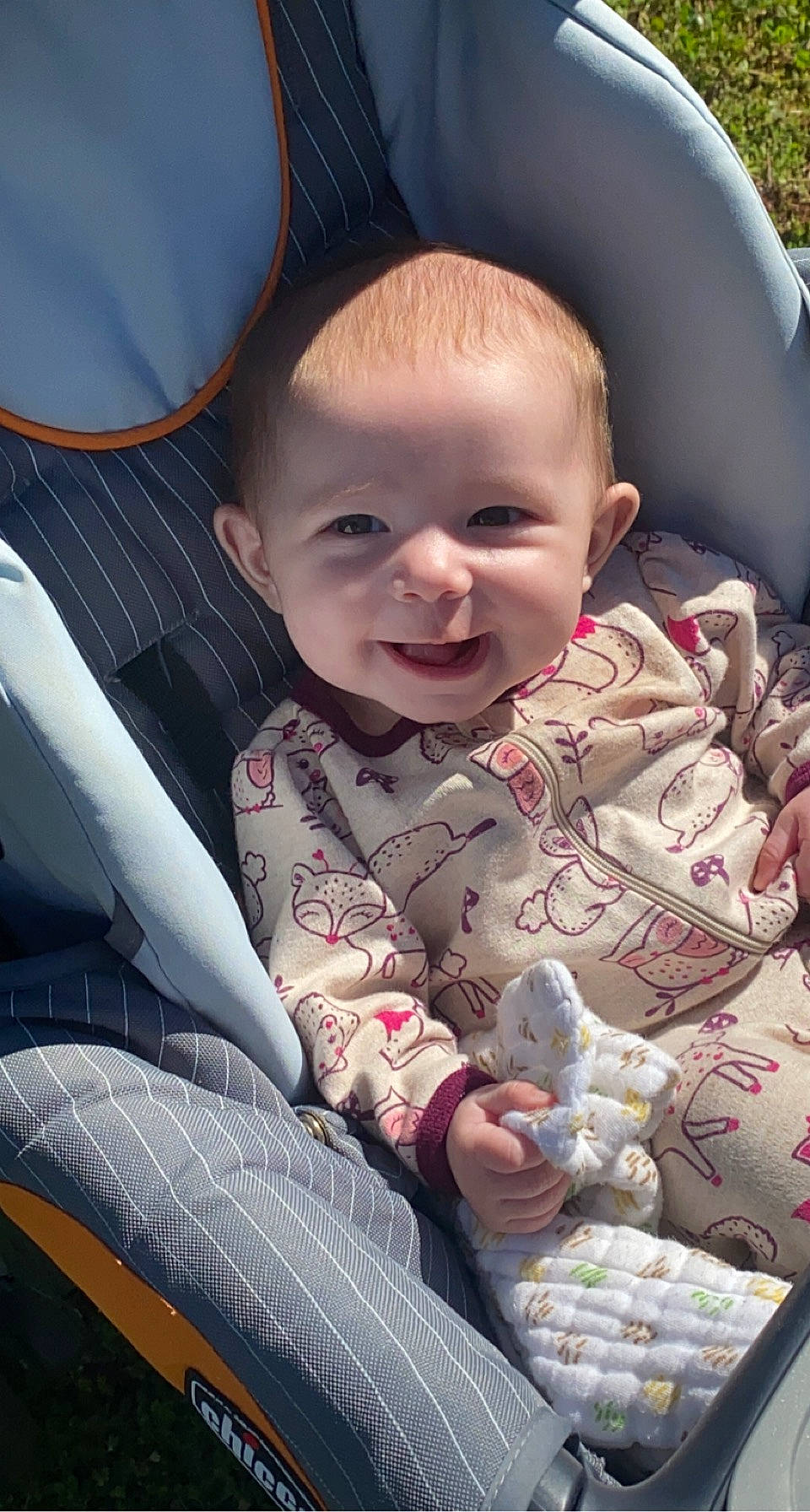 Blakely is registered to the contest to win money with this photo: baby, baby_toddler_clothing, car_seat, cheek, comfort, eye, facial_expression, finger, hairstyle, happy, head, iris, mouth, nose, person, plant, skin, smile, tints_and_shades, toddler