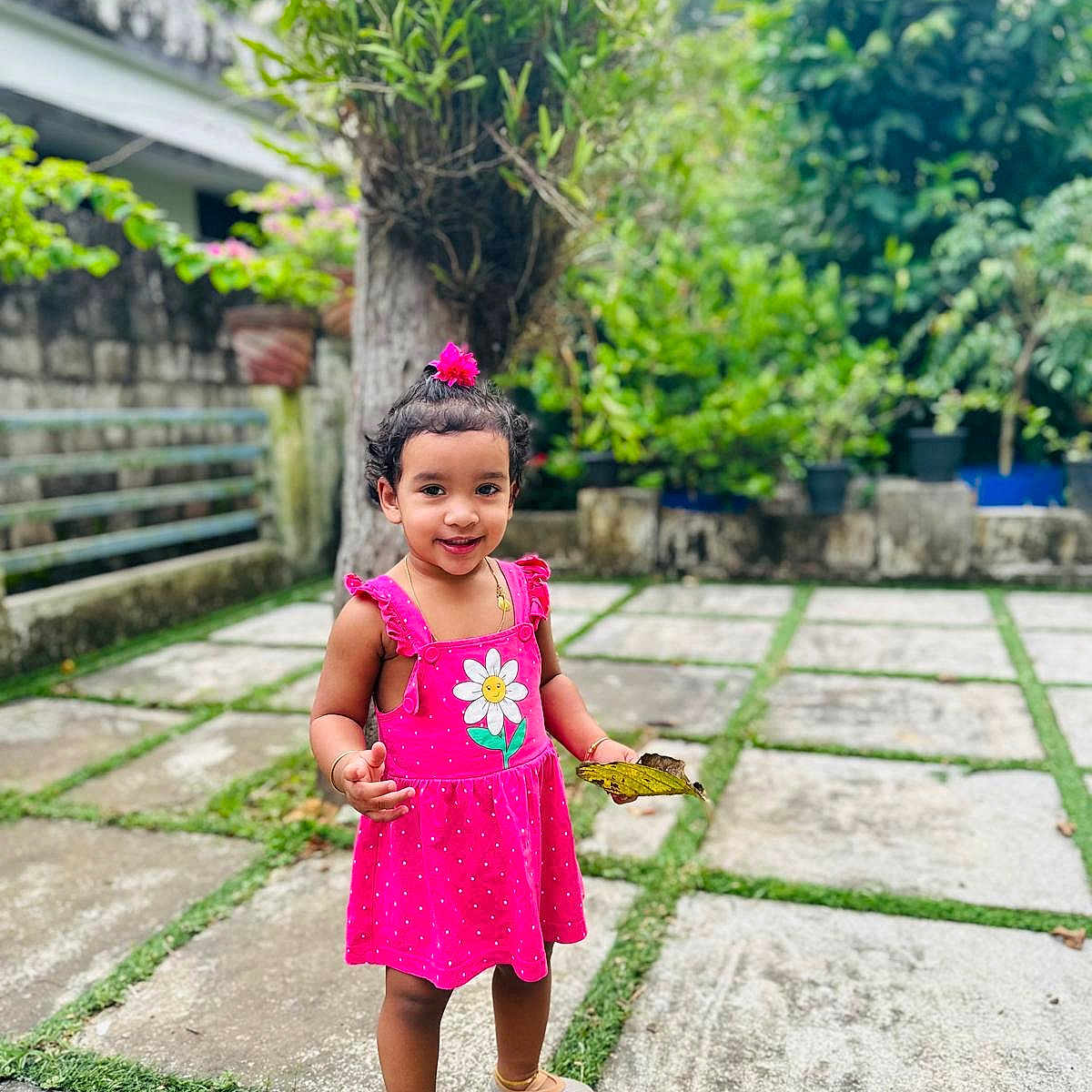 Juliet Mariam Jose joined the competition — help win amazing prizes! child, cute, daylight, footwear, garden, grass, greenery, happy, leaf, nature, outdoor, person, pink_dress, playful, portrait, smiling, stone_patio, toddler, tree, young_child