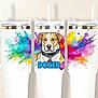 Dozer joined the competition — help win amazing prizes! address_bar, chat_bubble, colorful, cup, dog, dog_illustration, dozer, merchandise, mockup, name_text, plastic_lid, product_photo, screenshot, straw, three_items, travel_tumbler, tumbler, watercolor_splash, website_ui, white_background