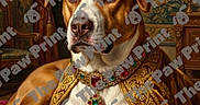 Dozer is registered to the contest to win money with this photo: animal, canine, cape, crown, decor, dog, fancy, furniture, indoor, jewel, jewelry, luxury, noble, pet, portrait, pose, red_cushion, regal, royalty, throne_room
