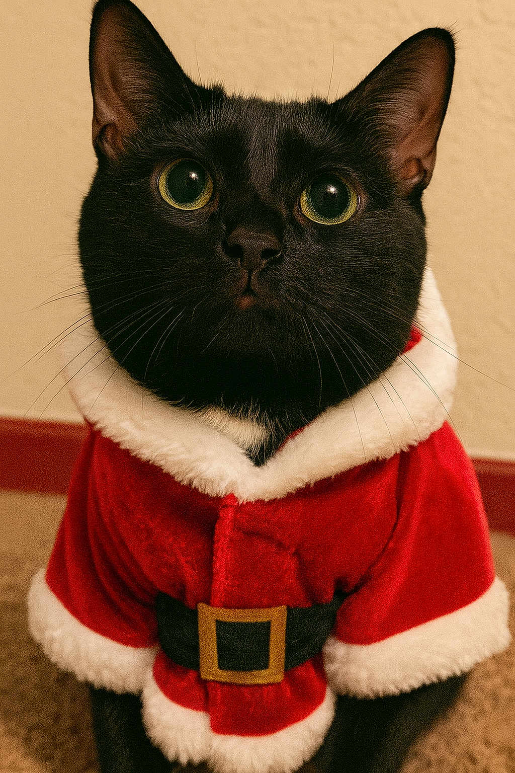 Handsome joined the competition — help win amazing prizes! cat, black_cat, green_eyes, pet, animal, indoor, costume, christmas_outfit, santa_claus, holiday, fur, whiskers, cute, adorable, close_up, portrait, festive, red, white_trim, belly_belt
