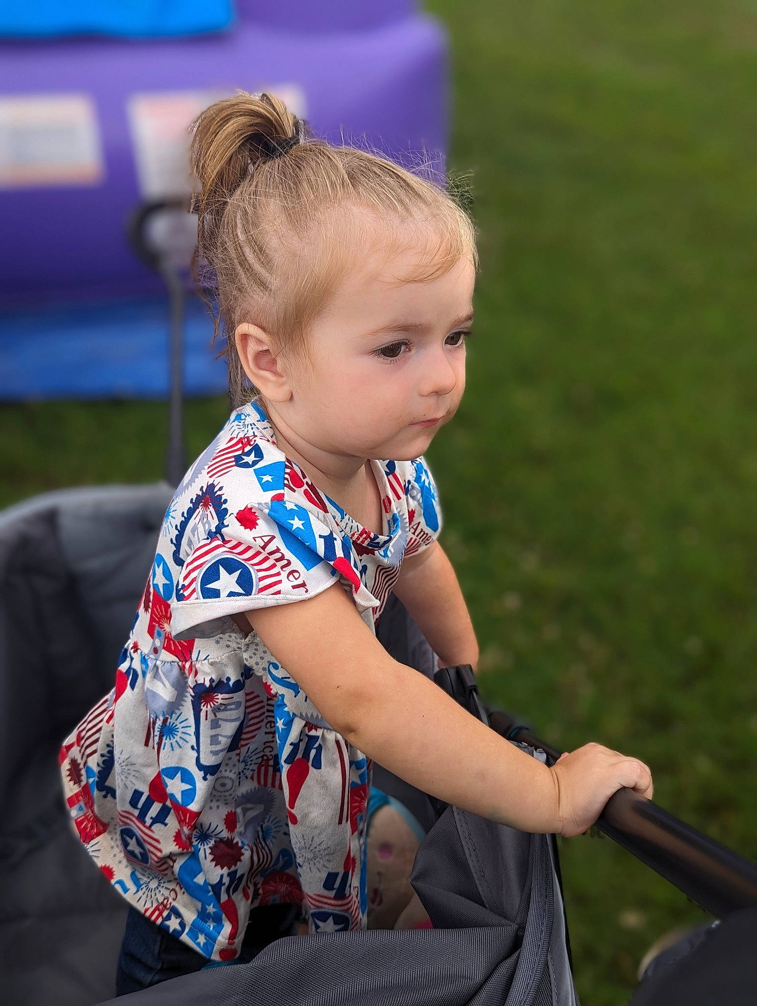 Nevaeh Faith Mace joined the competition — help win amazing prizes! baby, baby_products, baby_toddler_clothing, blond, child, city, electric_blue, fun, grass, hairstyle, happy, leisure, pattern, person, recreation, sitting, sleeve, toddler, vacation