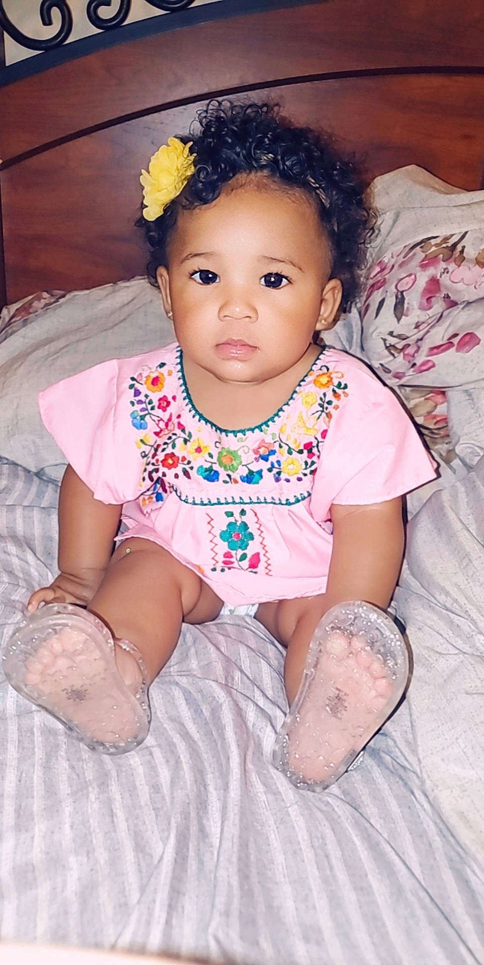 Mila joined the competition — help win amazing prizes! baby, baby_products, baby_toddler_clothing, cheek, child, child_model, face, hair_accessory, head, iris, person, pink, sitting, skin, smile, toddler