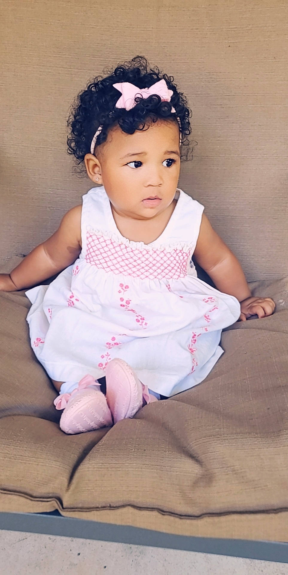 Mila joined the competition — help win amazing prizes! baby, baby_toddler_clothing, cheek, child, child_model, hair, hair_accessory, hairstyle, headband, headpiece, lip, person, pink, sitting, skin, smile, toddler