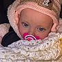 Bonnie Miamie Doyle joined the competition — help win amazing prizes! baby, pacifier, hat, pink, blanket, knitted, closeup, face, child, cute, blue_eyes, warm, cozy, winter_clothing, infant, soft, portrait, indoor, toddler, apparel