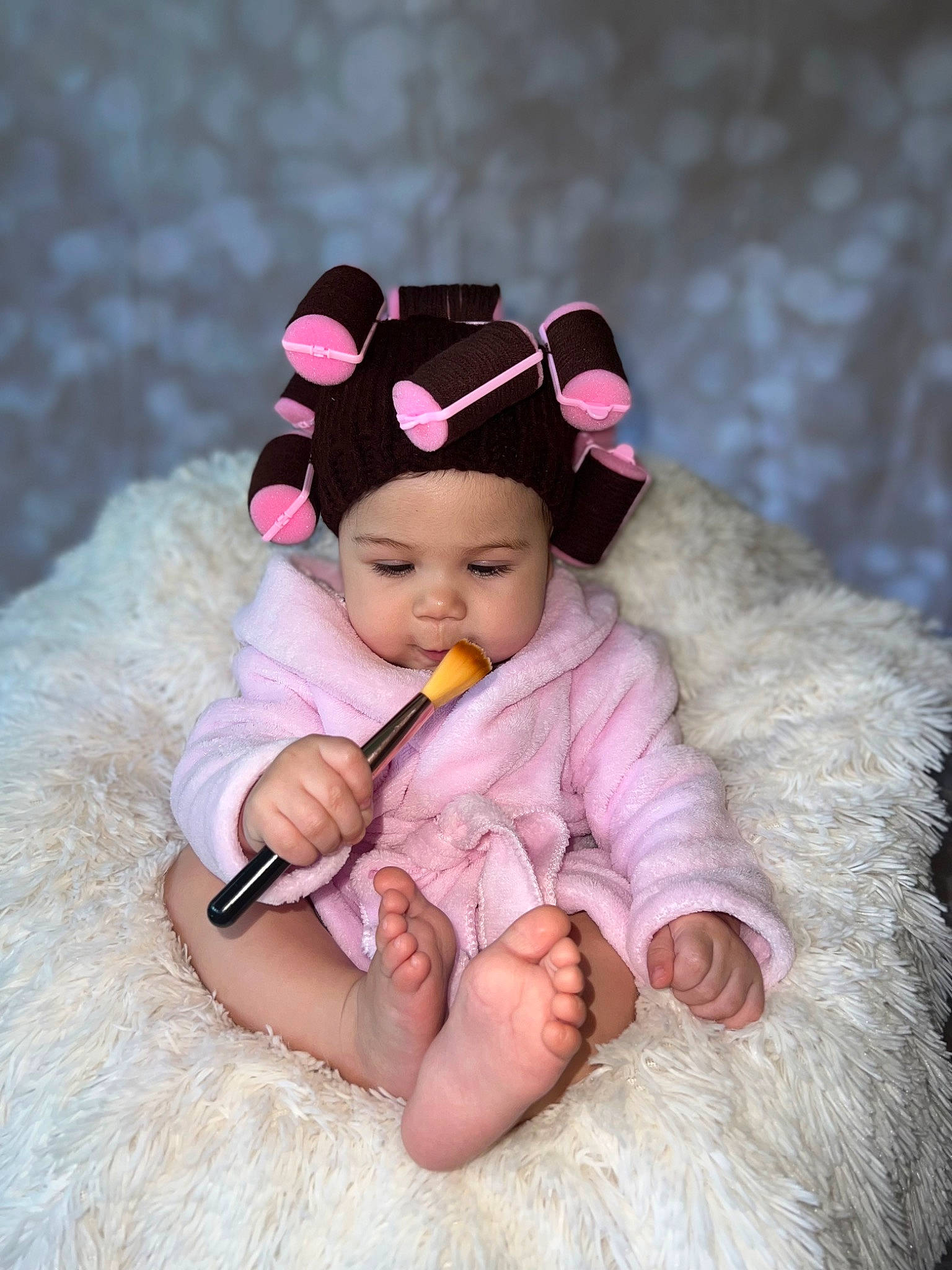 Camila Rose joined the competition — help win amazing prizes! baby, baby_toddler_clothing, cap, costume_hat, doll, eyelash, happy, headband, headgear, headpiece, headwear, iris, jewellery, knit_cap, linens, magenta, outerwear, person, pink, purple