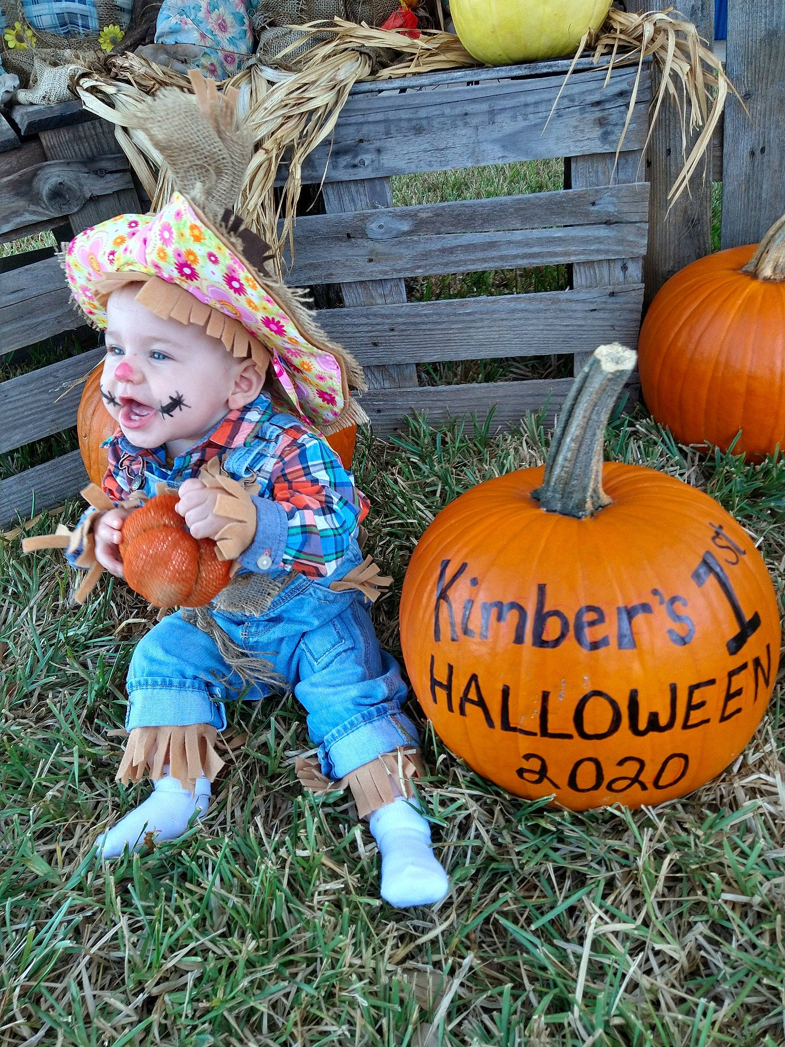 Kimber joined the competition — help win amazing prizes! autumn, calabaza, child, cucurbita, fruit, gourd, grass, headwear, jack_o_lantern, orange, person, plant, pumpkin, toddler, trick_or_treat, vegetable, winter_squash
