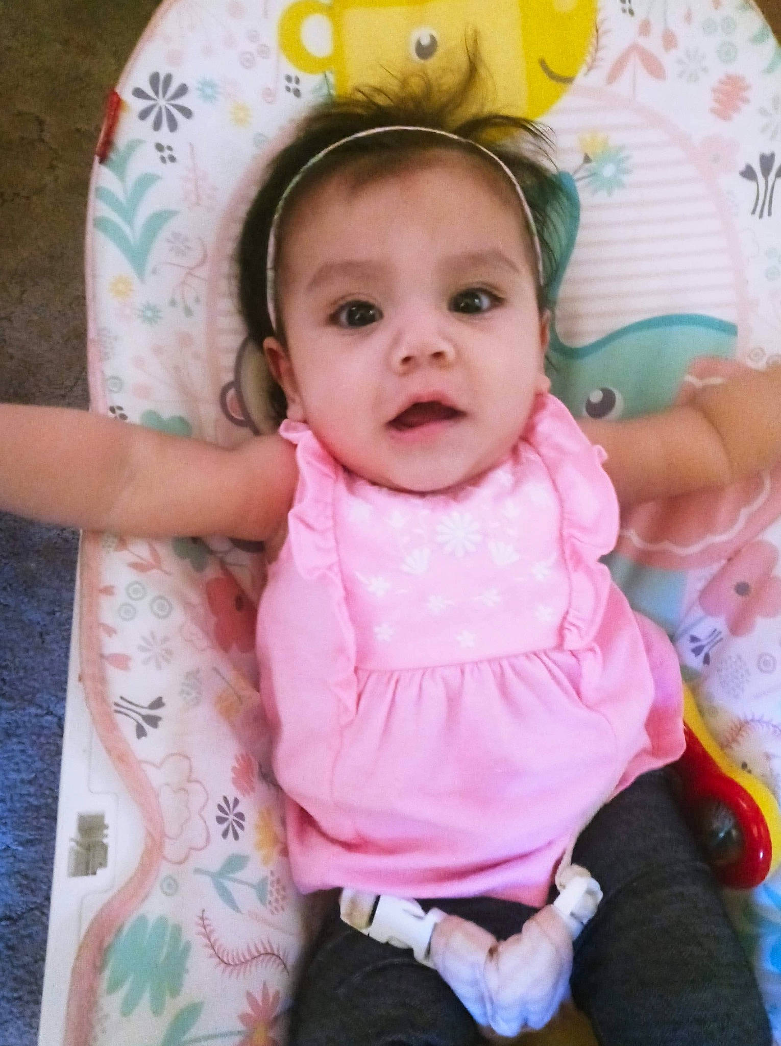 Camila joined the competition — help win amazing prizes! baby, baby_carriage, baby_safety, baby_toddler_clothing, cheek, child, comfort, eyebrow, eyelash, face, happy, linens, nose, person, pink, product, skin, sleeve, t_shirt, textile