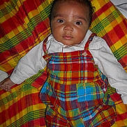 Abel participe au concours pour gagner de l'argent avec cette photo : baby, infant, plaid, overalls, colorful, blanket, lying_down, face, expression, child, clothing, pattern, fabric, portrait, cute, indoors, person, young, skin, head