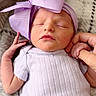 newborn, baby, infant, sleeping, bow, headwear, hand, blanket, soft, cozy, clothing, purple, pastel, resting, peaceful, portrait, human, skin, cute, small