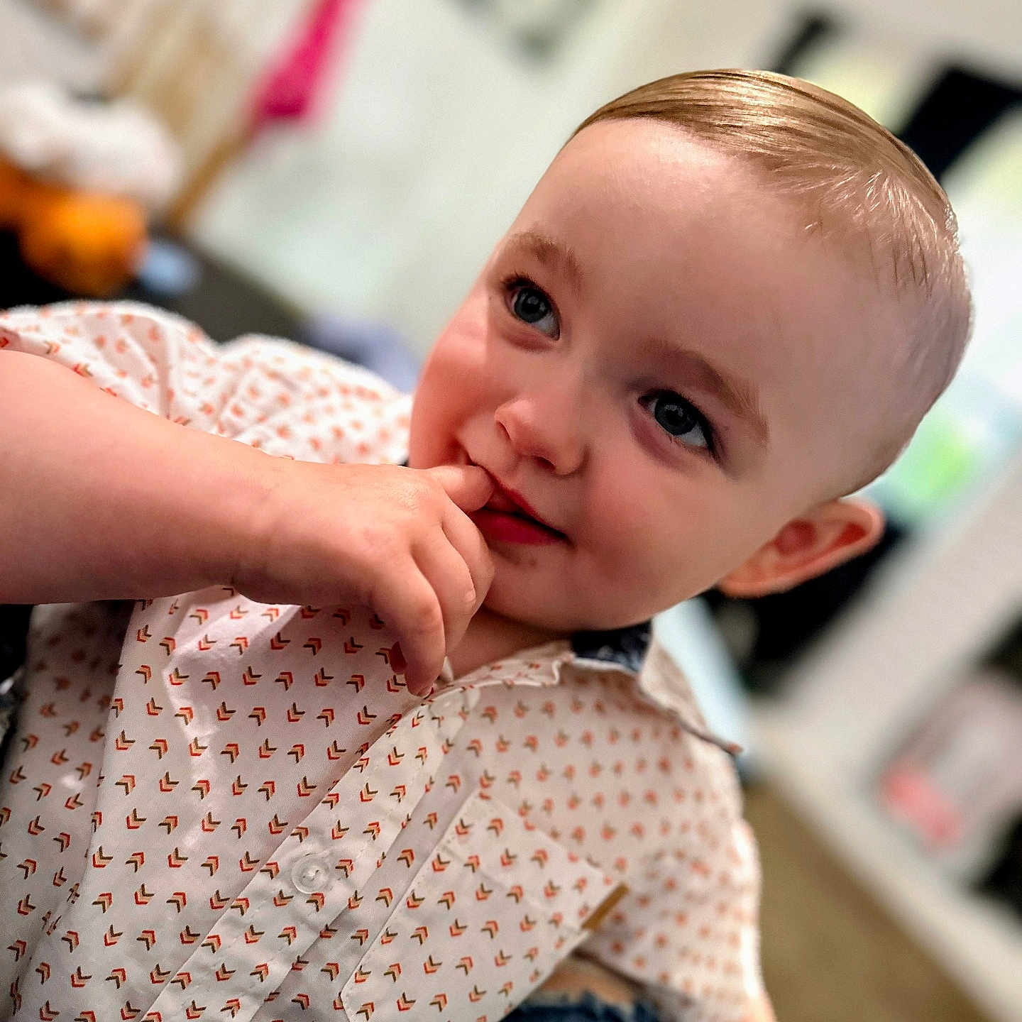 Jeffery joined the competition — help win amazing prizes! background_blur, blue_eyes, candid, casual_clothing, child, closeup, curious, cute, expression, face, hand, indoor, patterned_shirt, person, portrait, short_hair, skin, soft_lighting, toddler, young_child