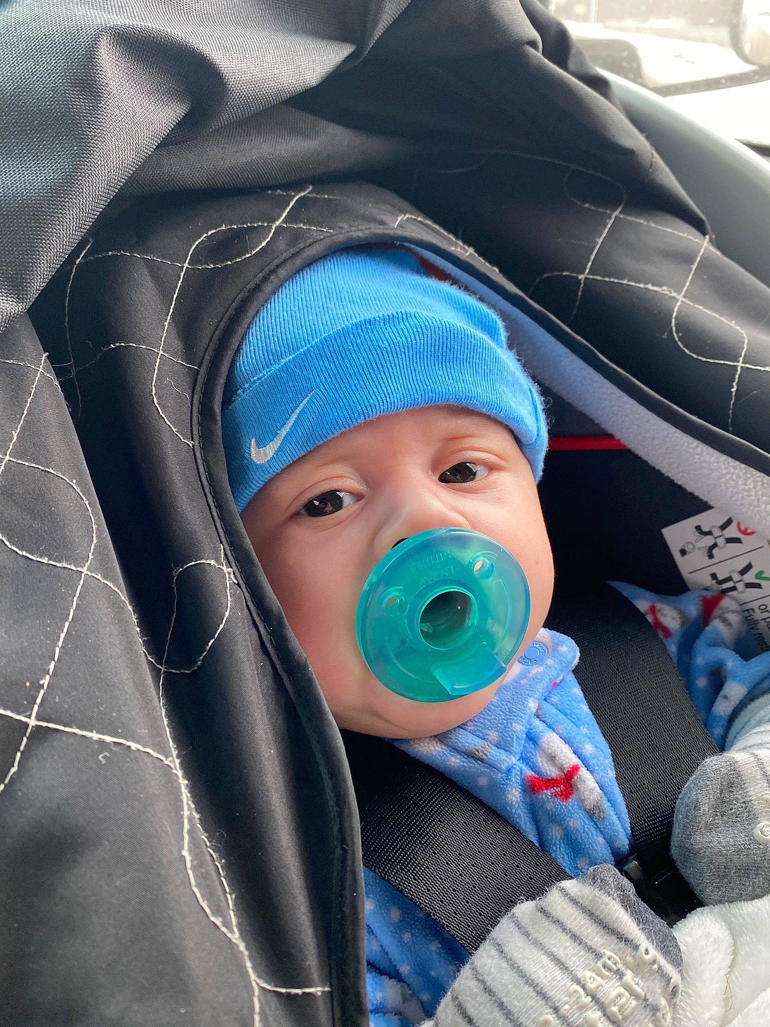 Karson joined the competition — help win amazing prizes! auto_part, azure, baby, baby_products, baby_toddler_clothing, child, comfort, electric_blue, fun, headwear, outerwear, pattern, person, personal_protective_equipment, recreation, service, toddler