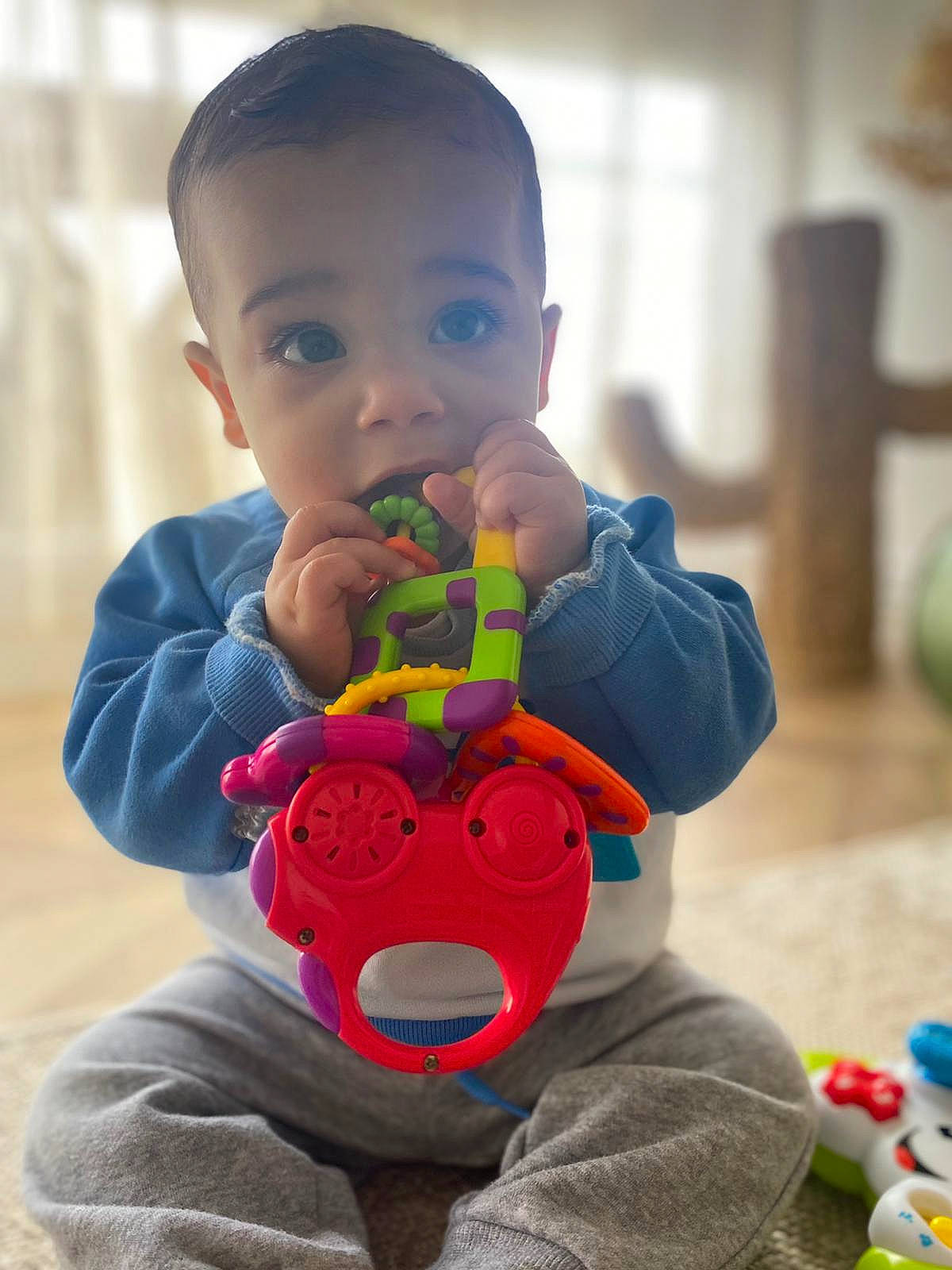 Nehyl a rejoint le concours — aidez-le/la à gagner de superbes lots ! baby, baby_playing_with_toys, baby_products, baby_toddler_clothing, child, facial_expression, finger, fun, grass, happy, head, nose, orange, person, red, sitting, skin, stuffed_toy, toddler, toy