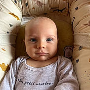 Lélio a rejoint le concours — aidez-le/la à gagner de superbes lots ! baby, infant, face, eyes, clothing, onesie, dinosaur_print, baby_seat, cushion, comfort, cute, child, portrait, indoors, skin, head, expression, small, lying_down, soft