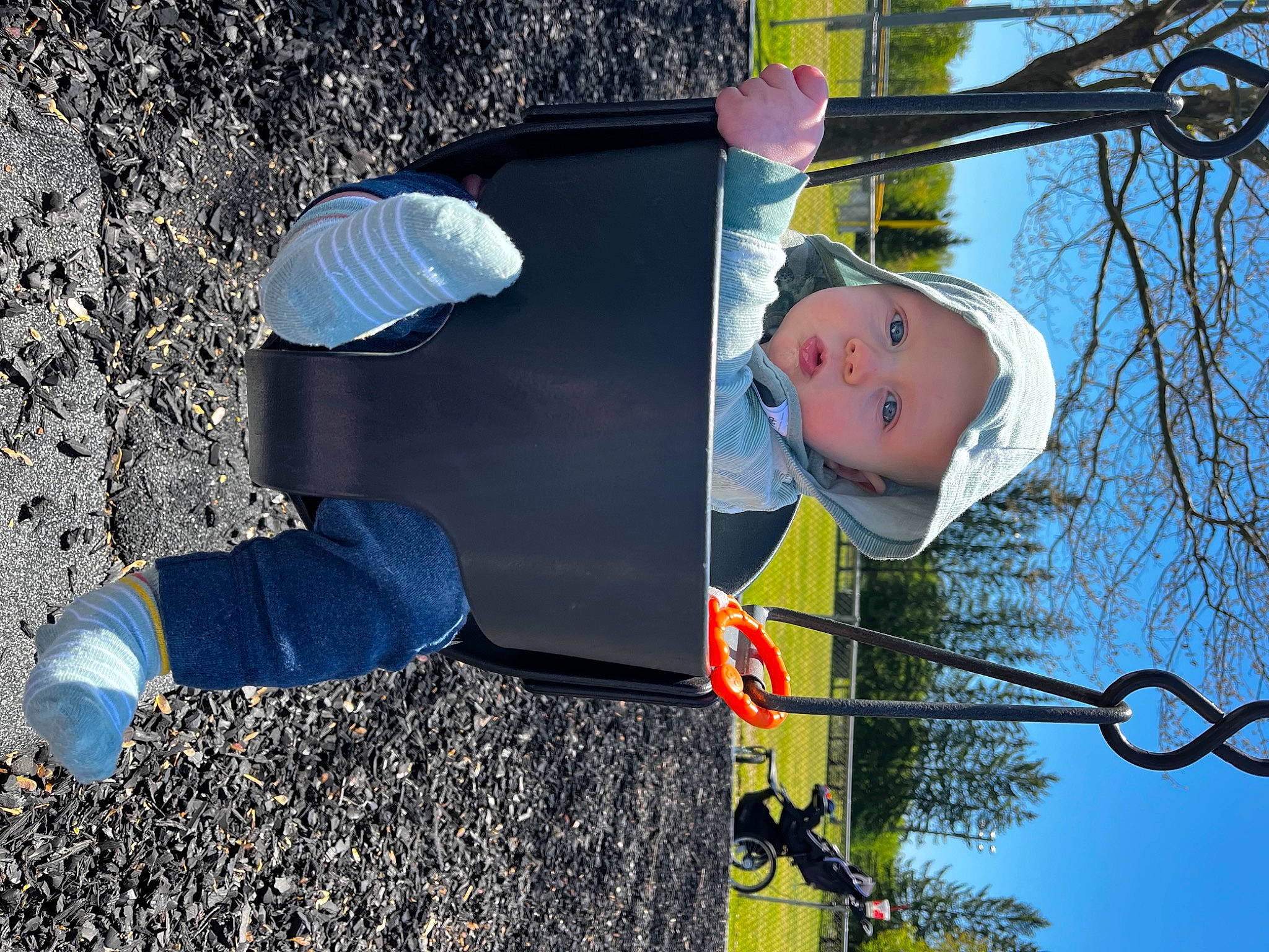 Levi is registered to the contest to win money with this photo: child, electric_blue, fun, grass, happy, hat, headwear, leisure, person, pole, sky, smile, soil, street_light, toddler, tree