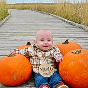 Cooper joined the competition — help win amazing prizes! baby, nine_months, pumpkin, plaid_shirt, jeans, red_laces, boardwalk, wooden_path, outdoor, fall, autumn, grass, smiling, sitting, child, cute, seasonal, nature, happy, portrait