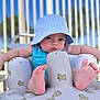 Zayn Loaiza joined the competition — help win amazing prizes! baby, blue_hat, bucket_hat, infant, inflatable_seat, teddy_bear_pattern, outdoor, sunny, toes, cute, child, face, expression, summer, seat, playful, relaxed, background_blur, furniture, person