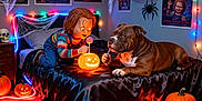 Meatball is registered to the contest to win money with this photo: bed, black_bedspread, carpet, chucky_doll, colorful_lights, decorations, dog, halloween, holiday, jack_o_lantern, lollipop, orange, poster, pumpkin, room, skeleton, spider_web, spiders, string_lights, toy
