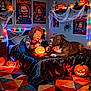 Meatball is registered to the contest to win money with this photo: dog, chucky_doll, jack_o_lantern, halloween, bed, string_lights, spider_web, skeleton, poster, carpet, pumpkin, room, toy, lollipop, decorations, orange, black_bedspread, colorful_lights, spiders, holiday