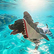 Meatball is registered to the contest to win money with this photo: dog, shark_costume, underwater, swimming, fish, coral_reef, ocean, blue_water, sunlight, marine_life, pet, animal, costume, happy, playful, summer, vacation, sea_creatures, fun, water