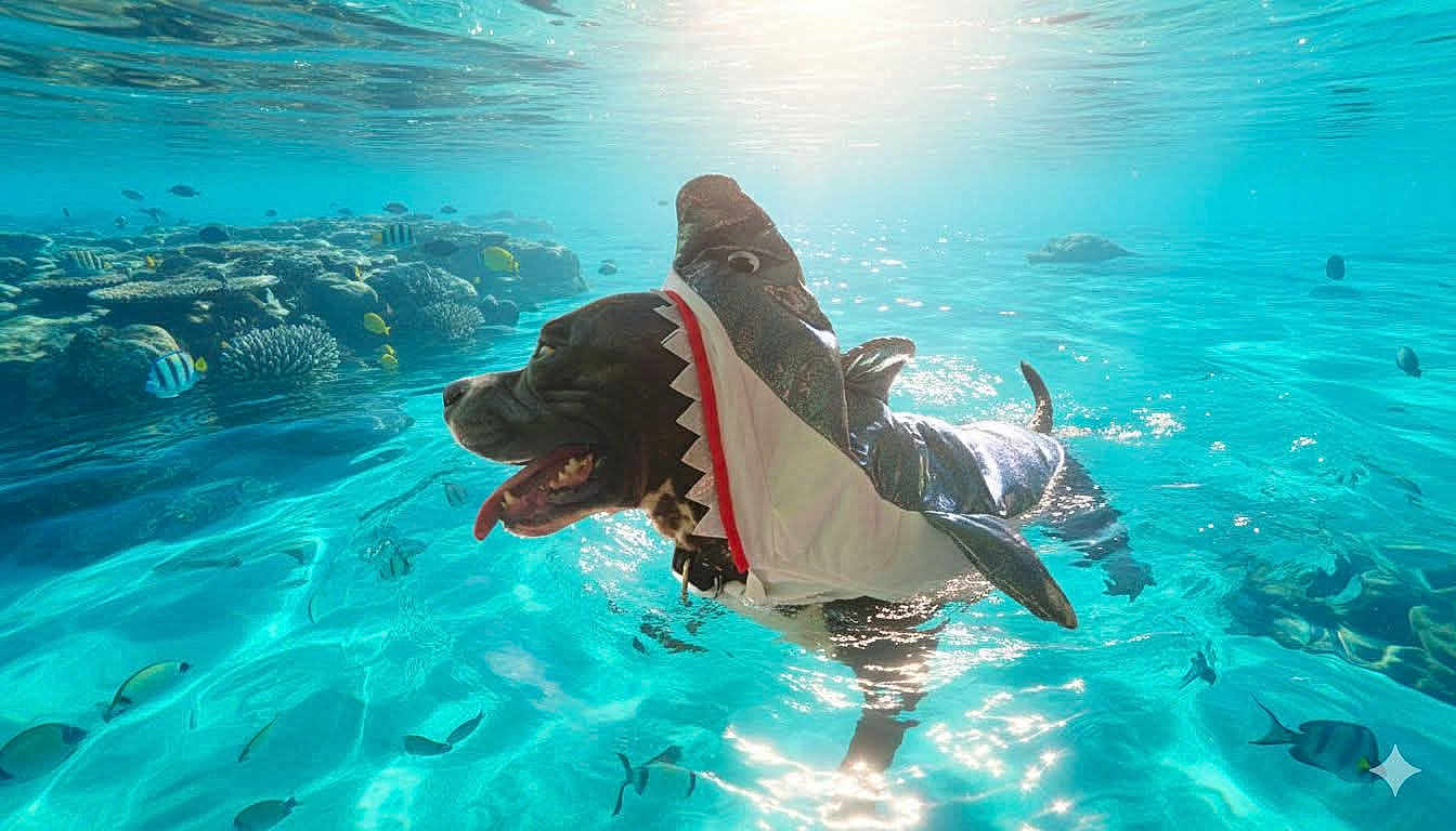 Meatball is registered to the contest to win money with this photo: dog, shark_costume, underwater, swimming, fish, coral_reef, ocean, blue_water, sunlight, marine_life, pet, animal, costume, happy, playful, summer, vacation, sea_creatures, fun, water