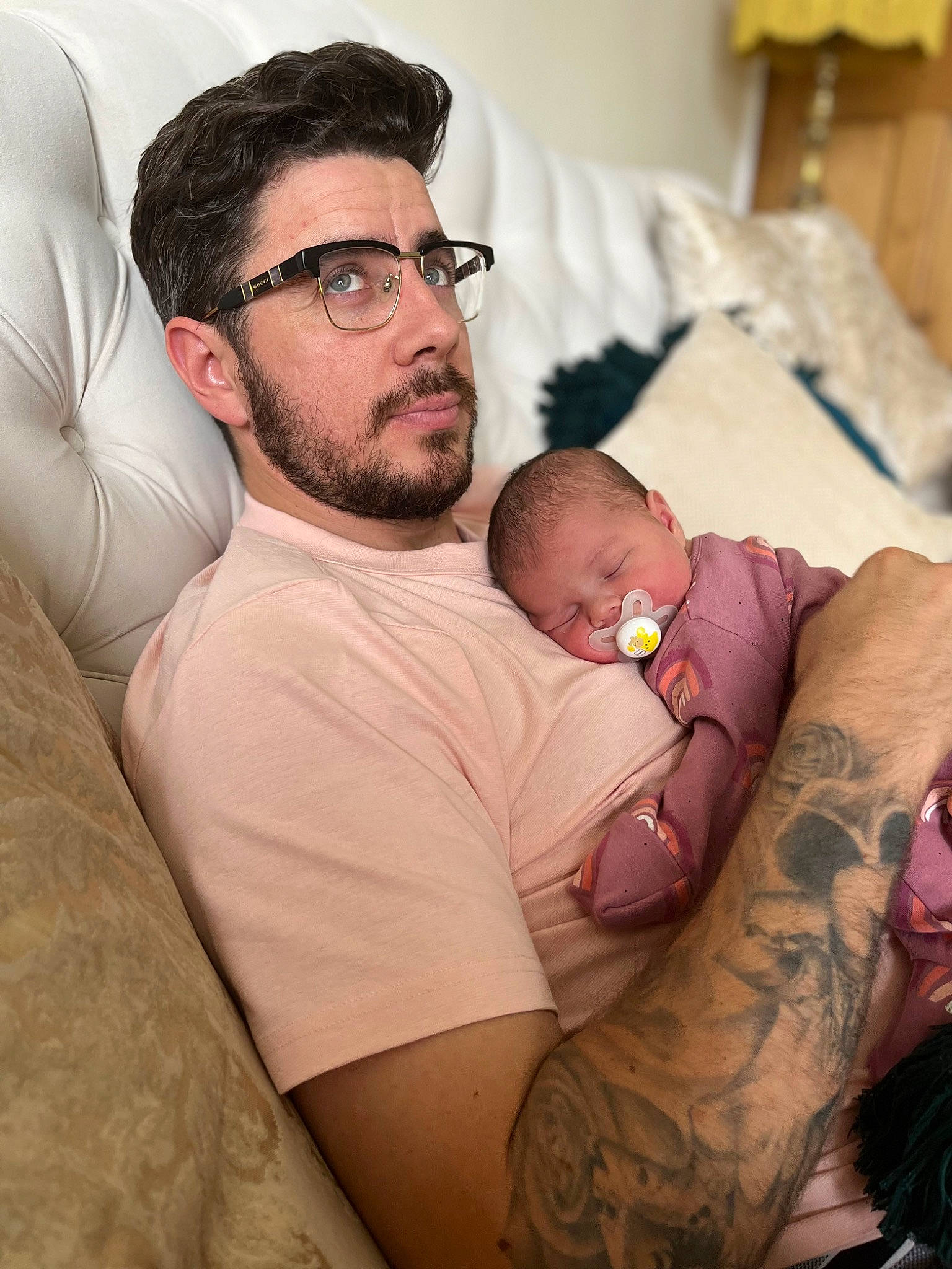 Bonnie joined the competition — help win amazing prizes! arm, baby, beard, comfort, couch, elbow, eye, face, glasses, head, joint, mouth, muscle, neck, organ, person, shoulder, skin, stomach, trunk