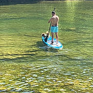 Lucky a rejoint le concours — aidez-le/la à gagner de superbes lots ! adventure, animal, clear_water, dog, greenery, leisure, man, nature, outdoor, paddleboard, pet, recreation, reflection, river, standing, summer, sunlight, trees, water, water_sport