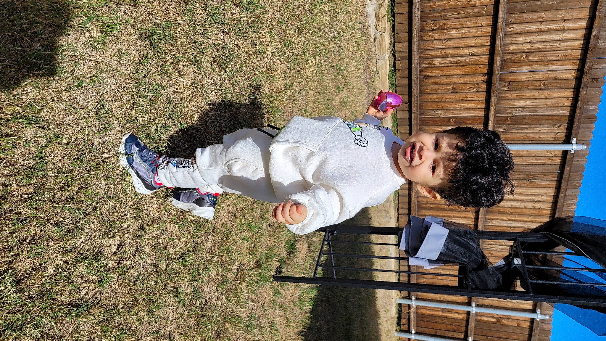 Diego joined the competition — help win amazing prizes! bench, camera, carmine, child, grass, leisure, person, plant, recreation, sitting, soil, spring, toddler, tree, walking_shoe