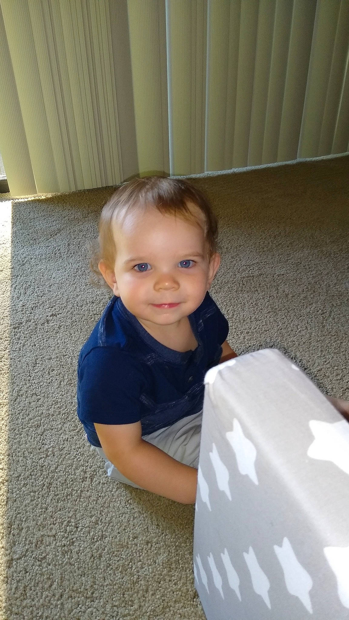 Bradley is registered to the contest to win money with this photo: baby, child, face, floor, head, joy, leg, person, sitting, skin, smile, toddler, vacation