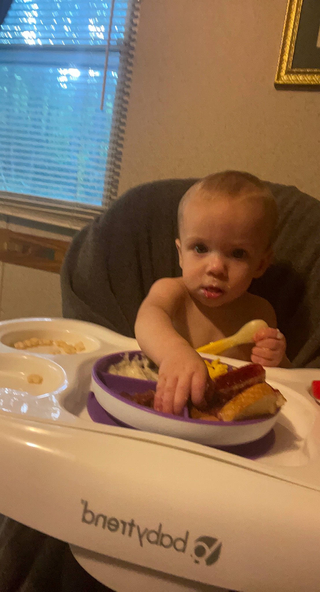Aleigha joined the competition — help win amazing prizes! baby, biting, chair, child, comfort_food, cuisine, dish, dishware, eating, food, food_craving, person, picture_frame, plate, serveware, sharing, table, tableware, toddler, window