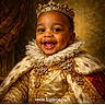 child, toddler, crown, royalty, robe, smile, portrait, gold, jewelry, lace, costume, luxury, happy, young, face, fashion, regal, luxurious, celebration, historic_style