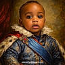 baby, child, portrait, royalty, costume, lace_collar, blue_sash, brooch, fur_trim, expression, face, eyes, clothing, studio, background, painting_style, red_cape, young, regal, website_text