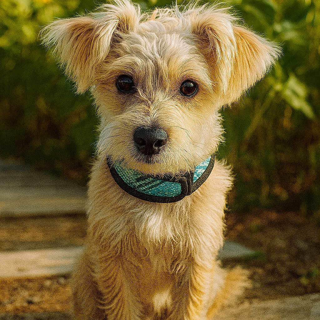 Oliver joined the competition — help win amazing prizes! animal, blue_collar, cute, daylight, dog, ears, eyes, fur, greenery, nature, outdoor, path, pet, portrait, puppy, sitting, summer, sunflowers, sunlight, whiskers