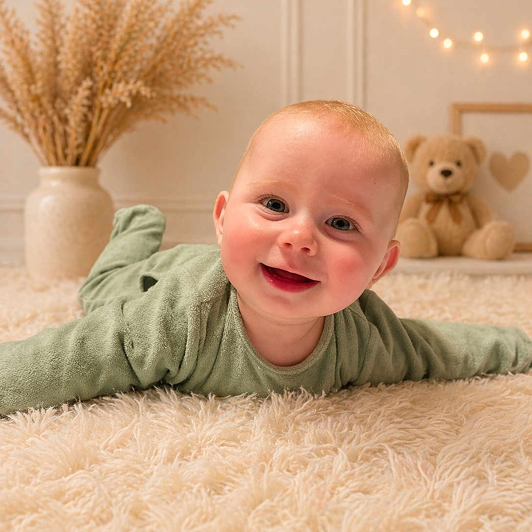 émile a rejoint le concours — aidez-le/la à gagner de superbes lots ! baby, smiling, green_outfit, carpet, fluffy, teddy_bear, soft_lighting, indoor, child, cute, portrait, decor, vase, dried_flowers, happy, face, infant, toy, warm_colors, floor