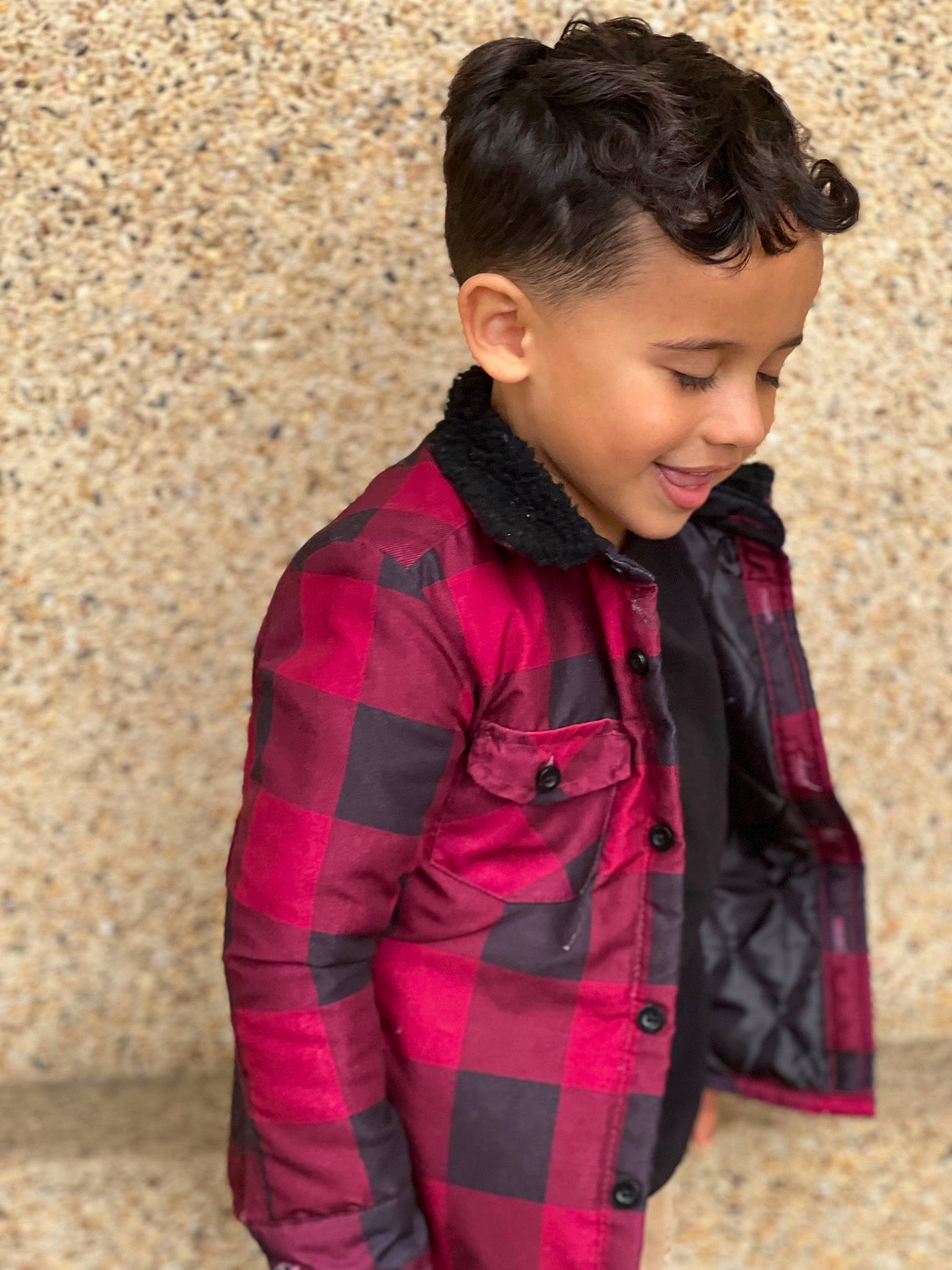 Gianni joined the competition — help win amazing prizes! child, collar, cool, electric_blue, fashion_accessory, fur, happy, joy, lip, magenta, neck, outerwear, pattern, person, plaid, sitting, sleeve, smile, street_fashion, t_shirt