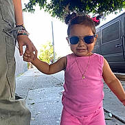 Anely joined the competition — help win amazing prizes! toddler, child, pink_clothing, sunglasses, sidewalk, hand_holding, adult, outdoor, sunlight, vehicle, tree, happy, smile, hair_buns, necklace, casual_wear, urban, street, person, playful