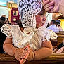 baby, child, lace, bonnet, dress, clapping, hands, church, pew, wood, background, people, celebration, portrait, cute, infant, religious, indoors, happy, event