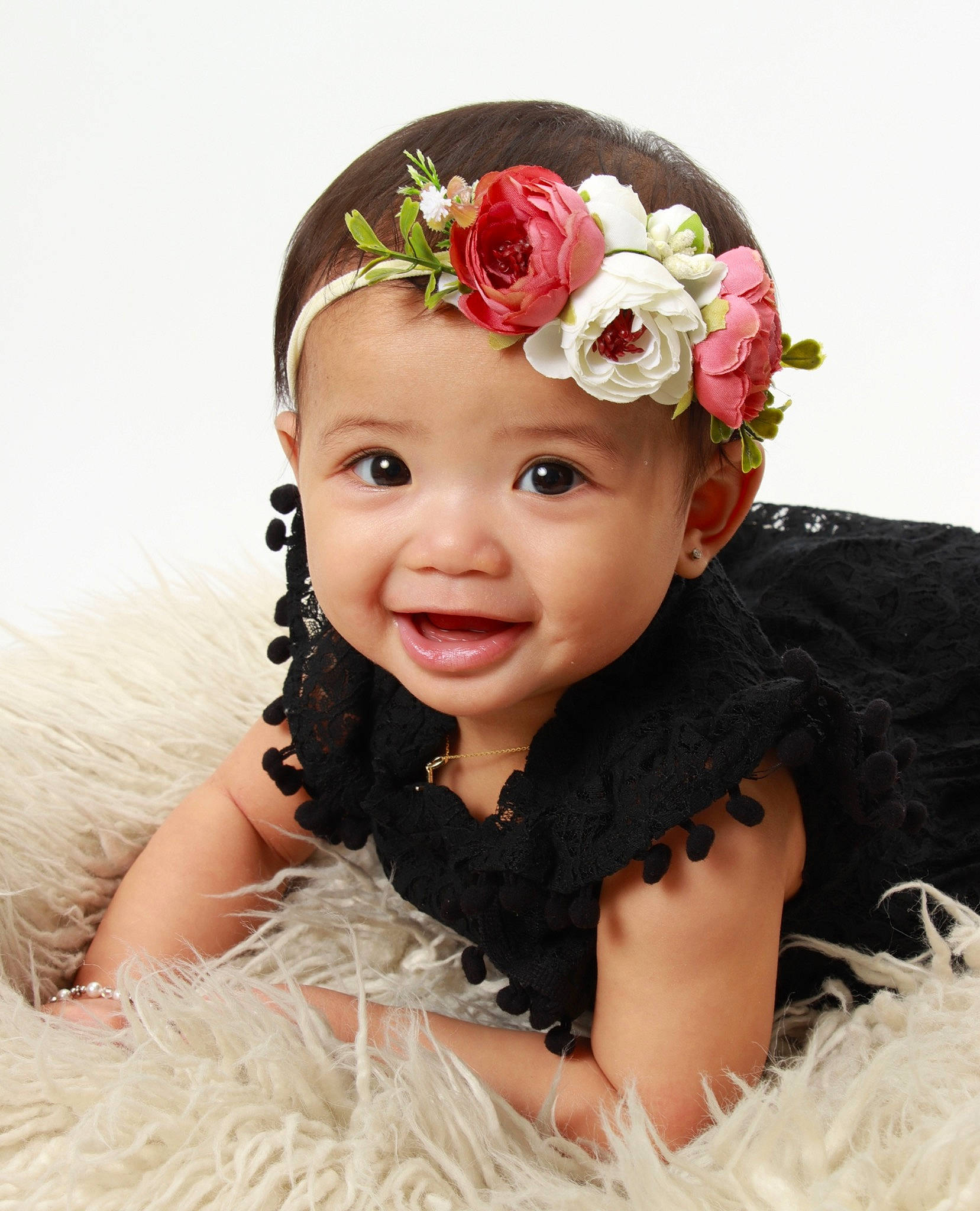 Bella joined the competition — help win amazing prizes! baby, baby_toddler_clothing, beauty, dress, eye, face, flash_photography, flower, happy, headband, headgear, headpiece, headwear, iris, jewellery, person, petal, pink, rose, smile