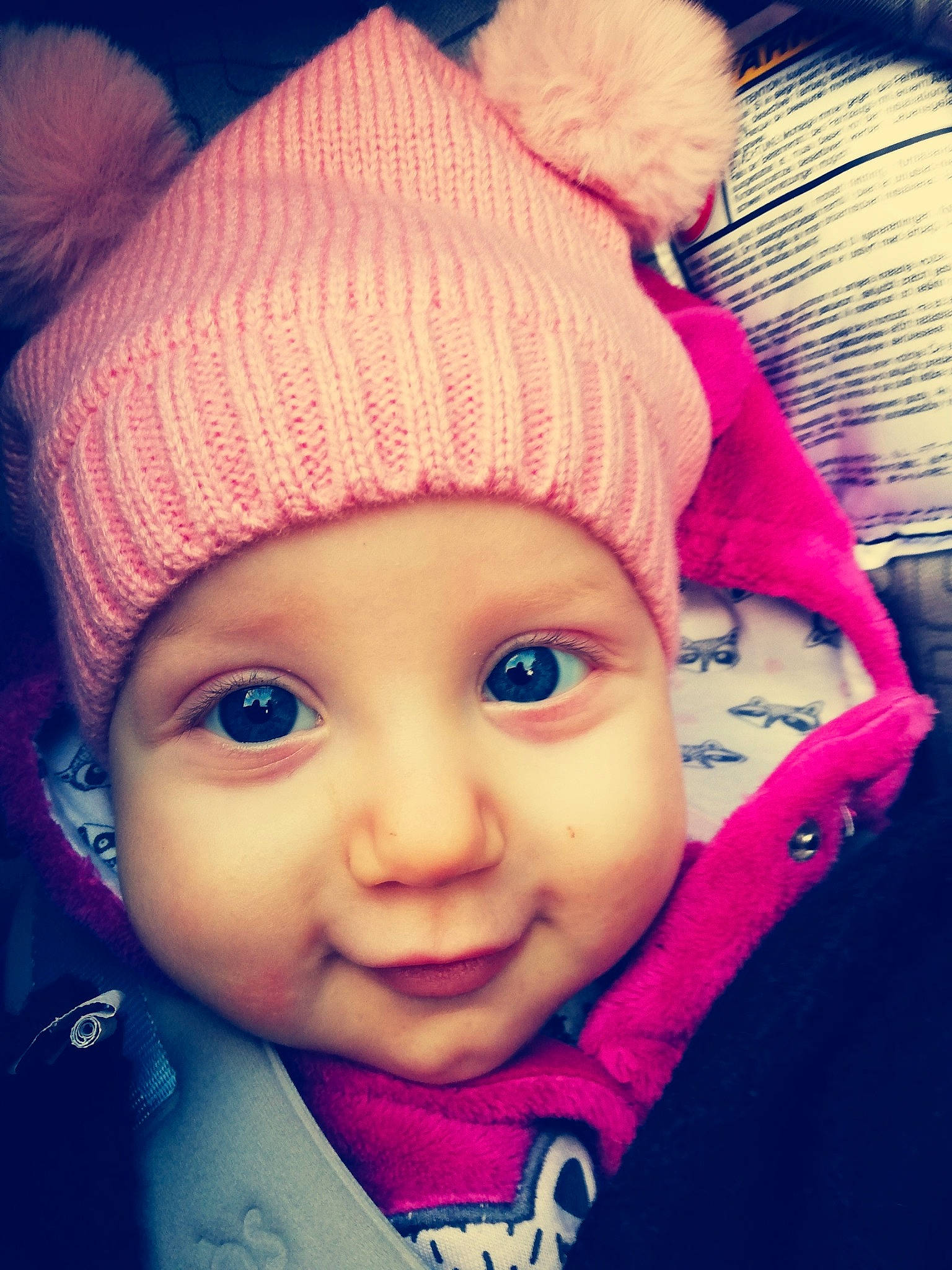 Lyssana participe au concours pour gagner de l'argent avec cette photo : baby, beanie, bonnet, cheek, child, cool, ear, eye, eyebrow, face, forehead, head, headgear, knit_cap, lip, nose, person, pink, skin, sky