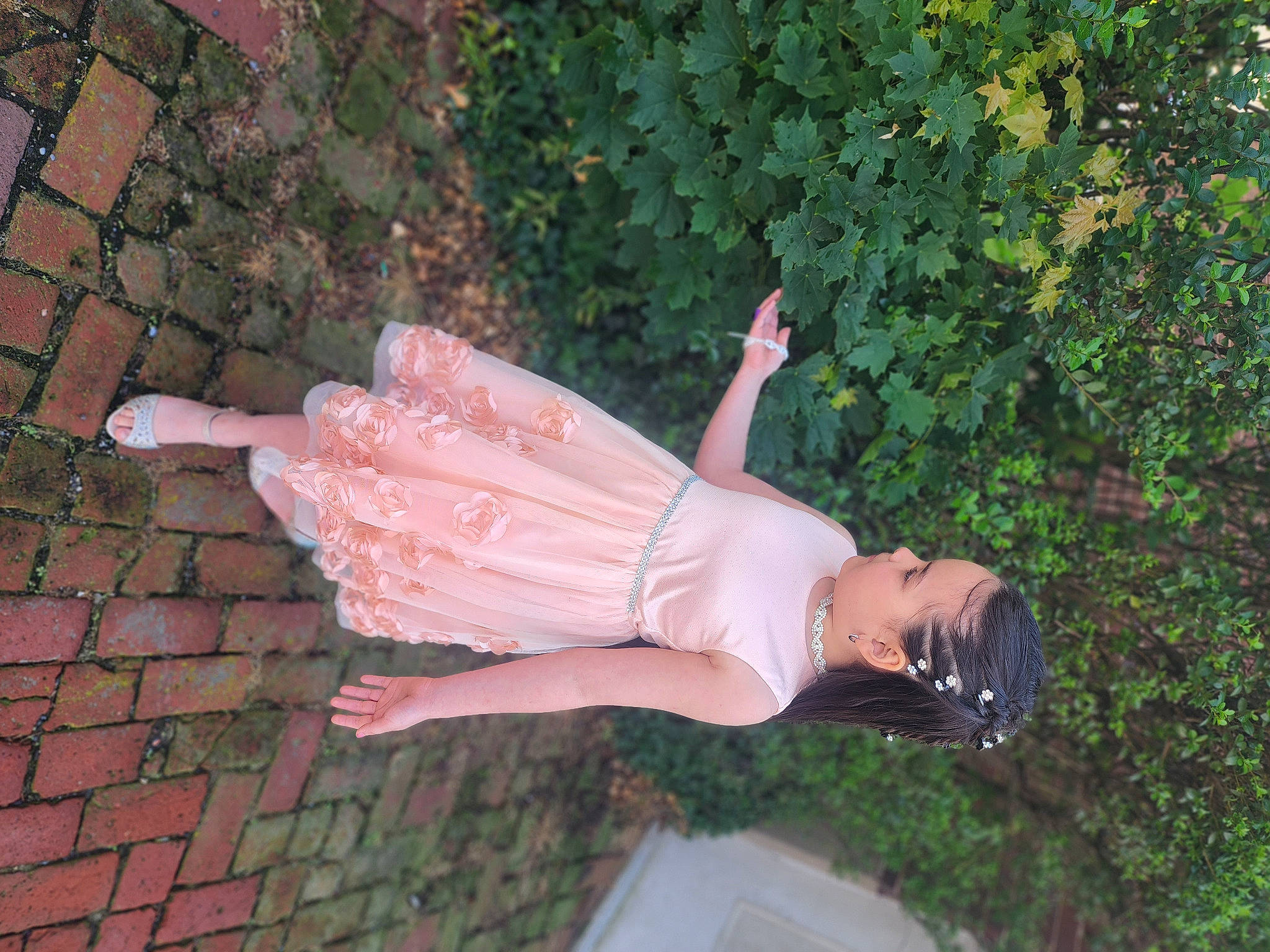 Kaylina joined the competition — help win amazing prizes! brick, brickwork, cocktail_dress, dress, foot, fun, grass, high_heels, human_leg, knee, leisure, peach, people_in_nature, person, pink, plant, sandal, thigh, tree, waist