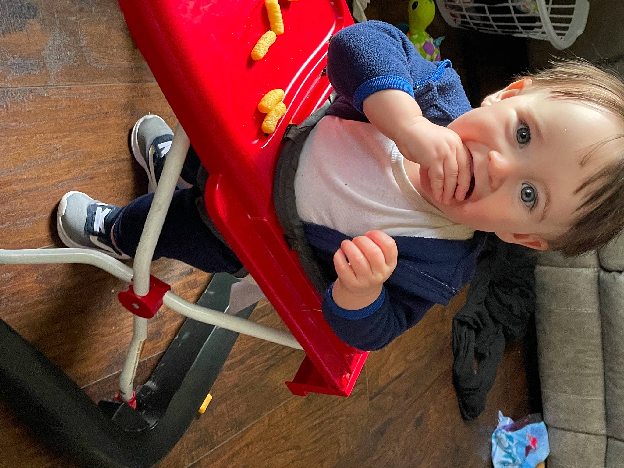 Sawyer joined the competition — help win amazing prizes! baby, baby_playing_with_toys, baby_products, baby_toddler_clothing, baby_toys, chair, child, city, electric_blue, fun, happy, hardwood, leisure, person, play, recreation, sitting, smile, toddler, toy