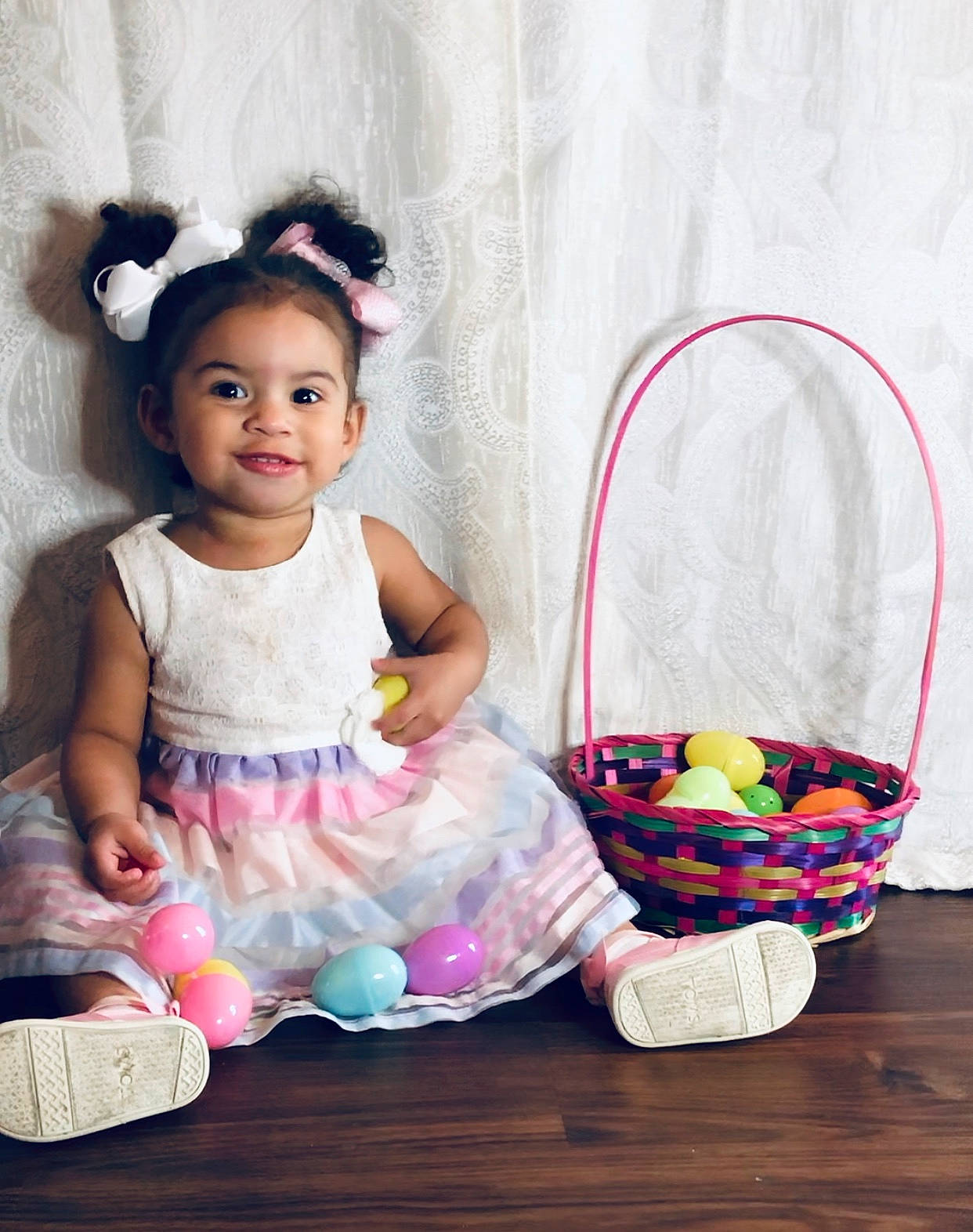 Armani E. joined the competition — help win amazing prizes! baby, baby_bloomers, baby_products, baby_toddler_clothing, basket, beauty, child, costume, dress, easter, flower_girl_basket, hair_accessory, headband, holiday, joy, person, photography, pink, play, product