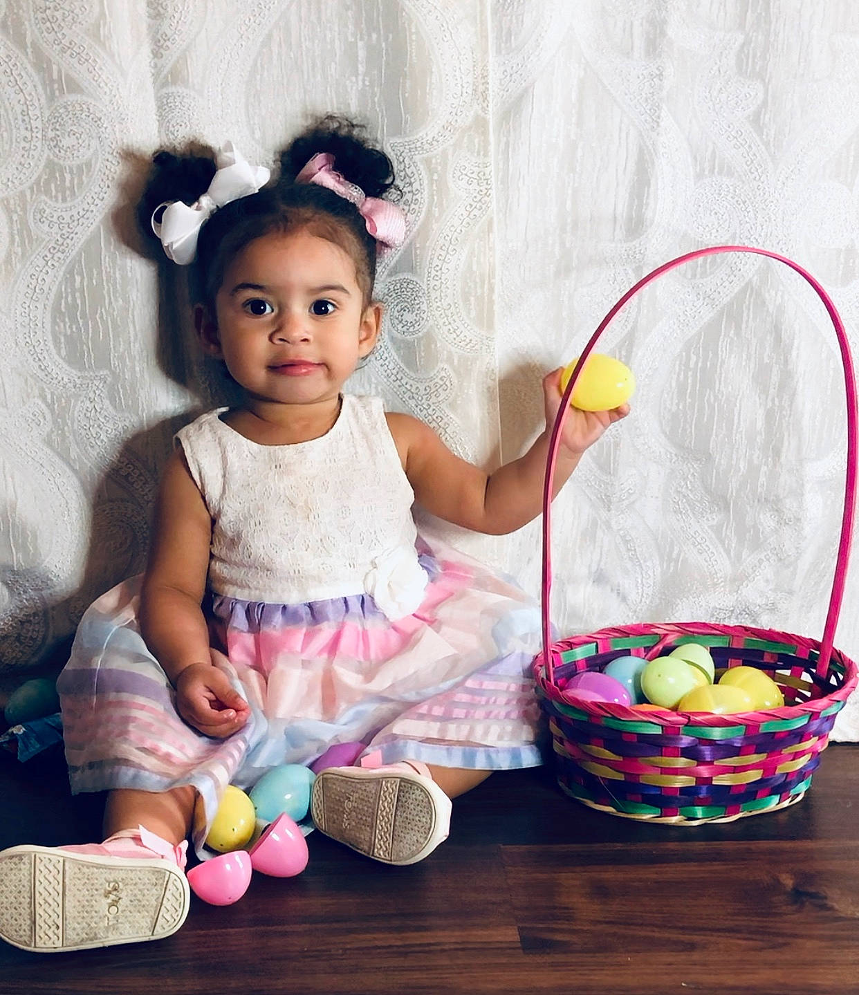 Armani E. is registered to the contest to win money with this photo: basket, child, easter, easter_egg, egg, flower_girl_basket, food, holiday, home_accessories, person, play, toddler