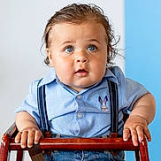 Stephan joined the competition — help win amazing prizes! accessories, baby, bodypart, chair, clothing, face, finger, frown, furniture, hand, head, jeans, pants, person, photography, portrait, sad, shirt, sitting, suspenders