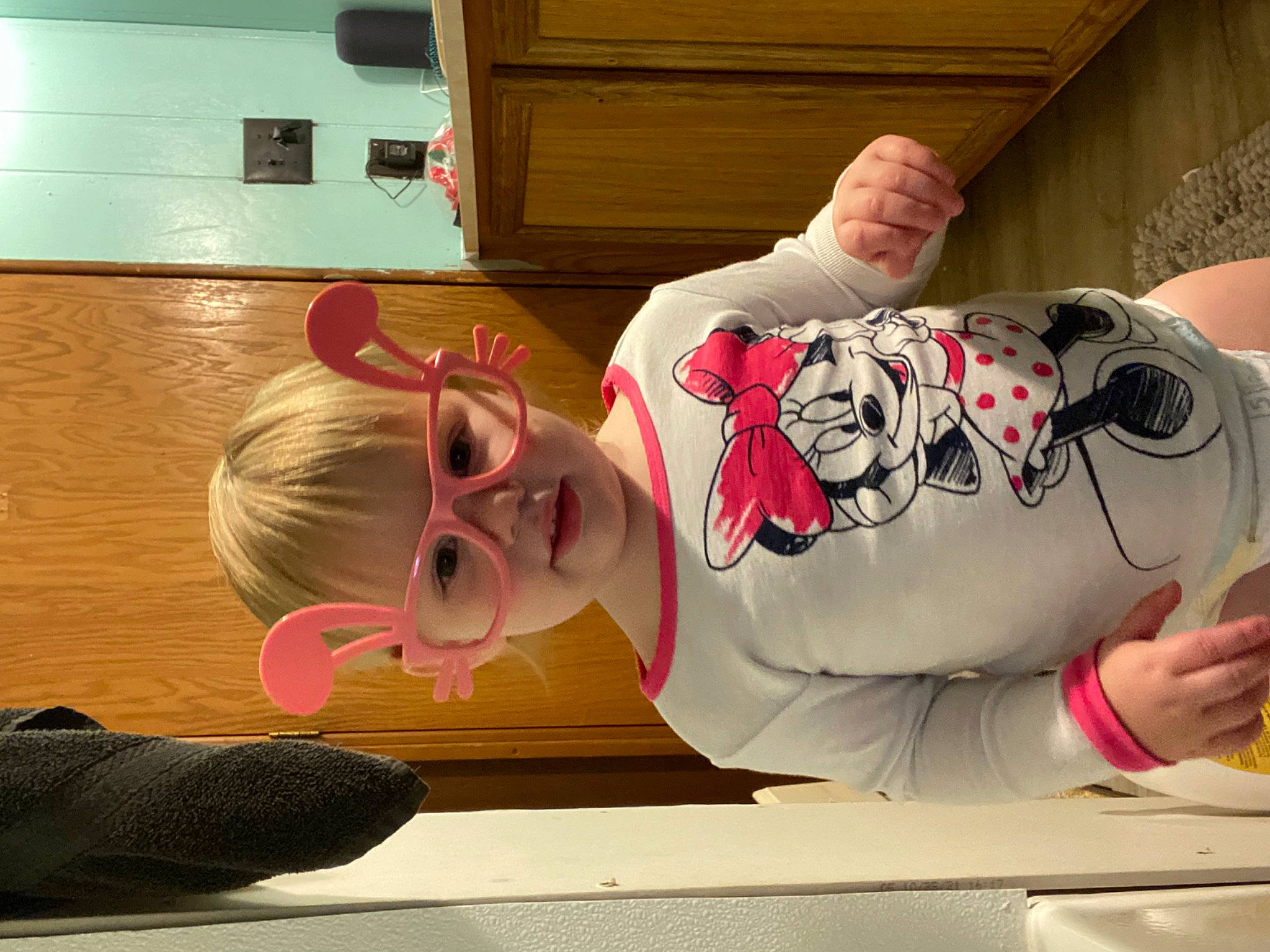 Wrenley joined the competition — help win amazing prizes! cabinetry, carmine, countertop, elbow, eyewear, finger, flooring, gesture, hardwood, human_leg, kitchen_appliance, mouth, person, refrigerator, room, sleeve, t_shirt, temporary_tattoo, thumb, wood