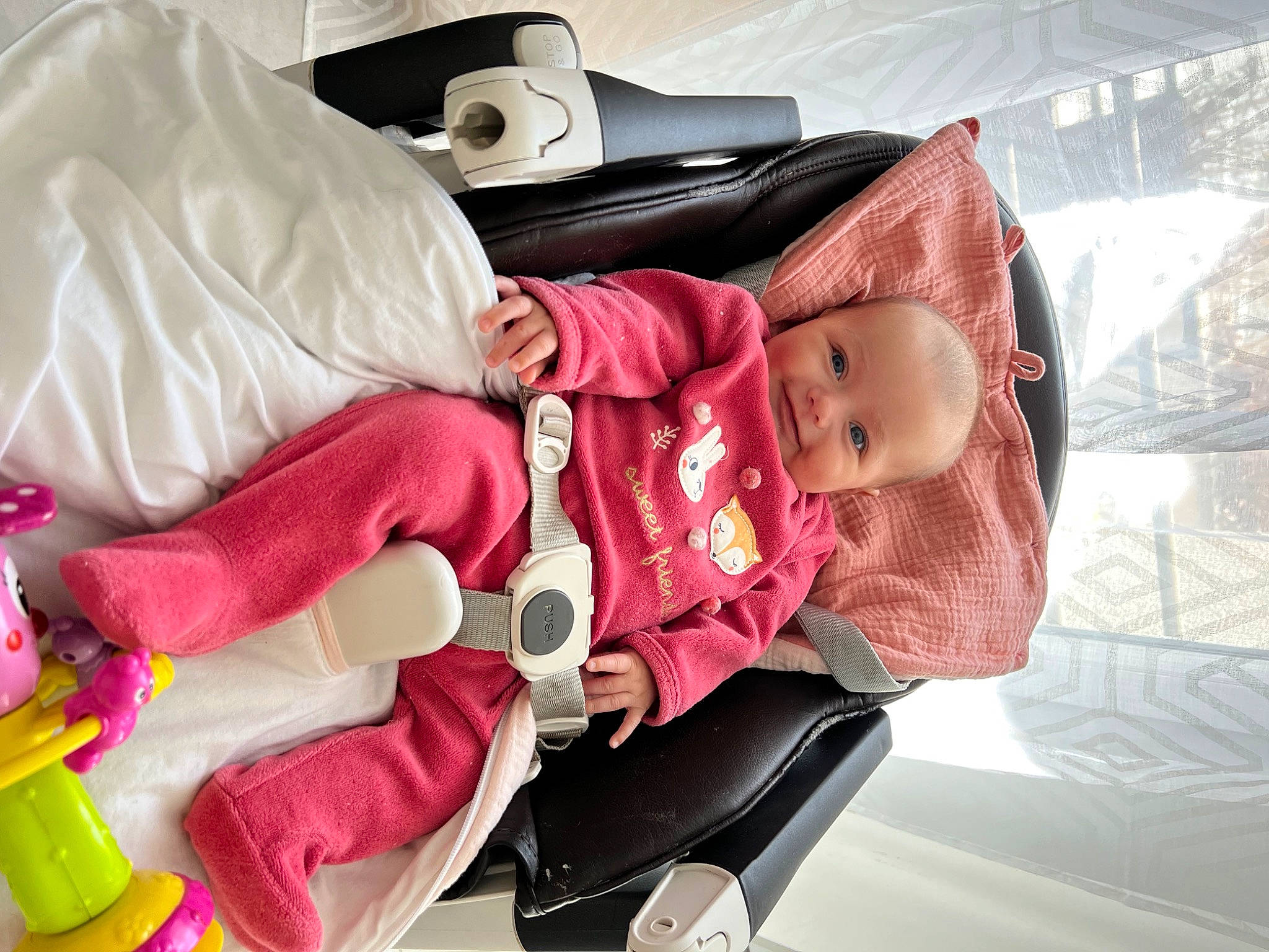 Ambre participe au concours pour gagner de l'argent avec cette photo : baby, baby_carriage, baby_products, baby_safety, baby_toddler_clothing, bag, car_seat, carmine, child, comfort, fashion_accessory, linens, magenta, person, pink, product, room, textile, toddler, toy