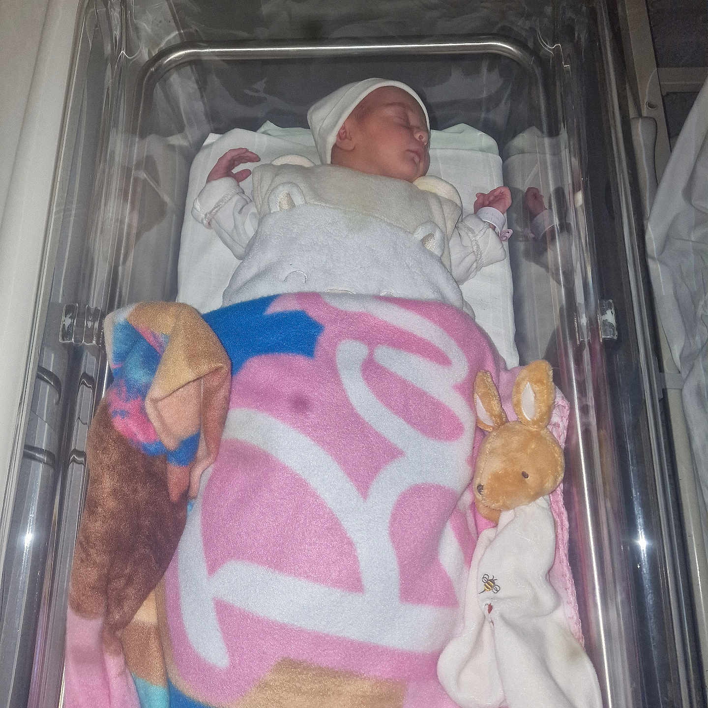 Lucy a rejoint le concours — aidez-le/la à gagner de superbes lots ! newborn, baby, bassinet, hospital, blanket, plush_toy, sleeping, infant, bed, person, clothing, hat, soft_toy, cute, peaceful, pink, blue, white, resting, new_life