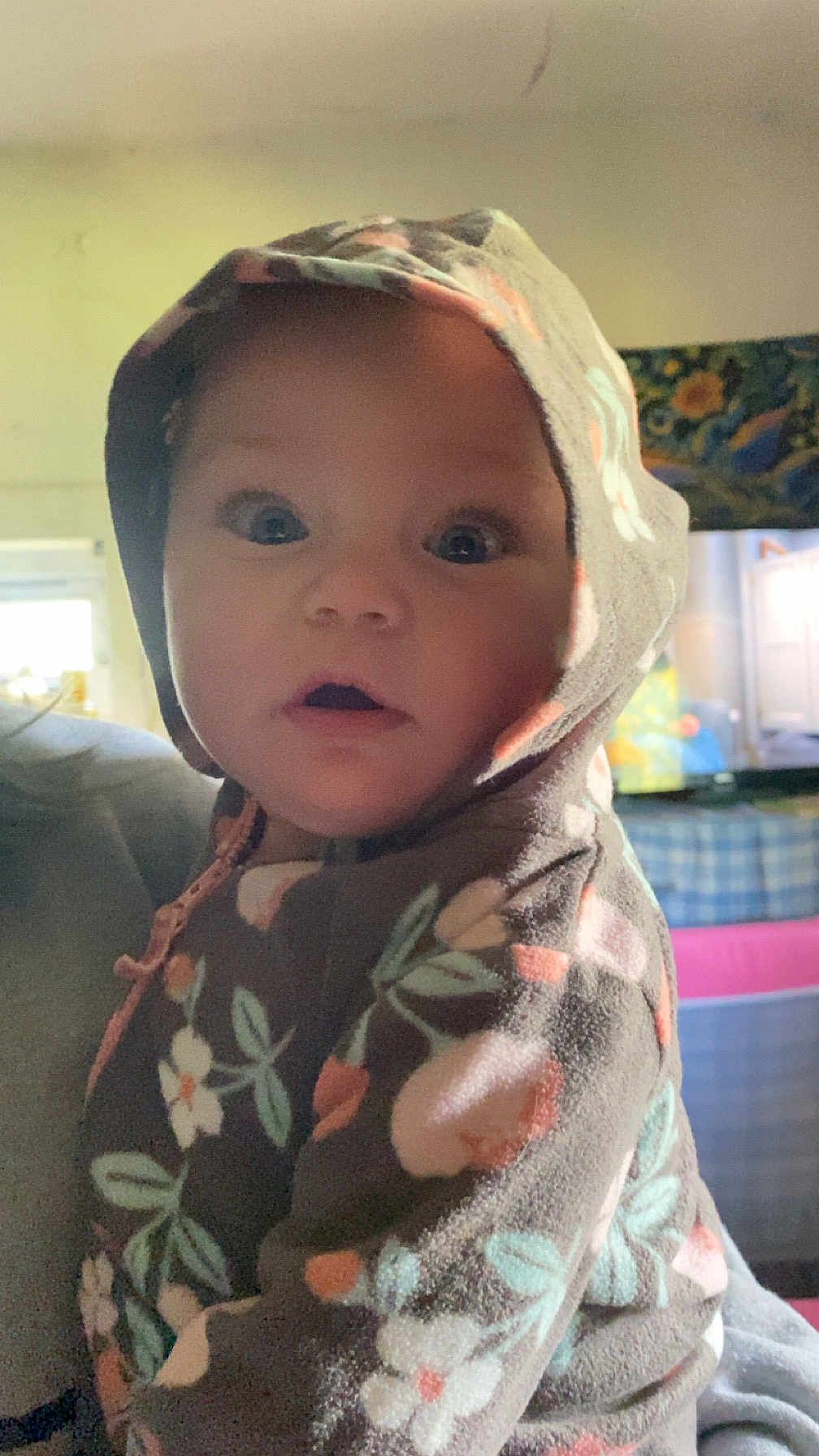 Rory is registered to the contest to win money with this photo: baby, child, hoodie, floral_pattern, indoor, portrait, face, eyes, curious, person, clothing, soft_lighting, expression, closeup, young_child, casual, warm, colorful_background, cute, infant