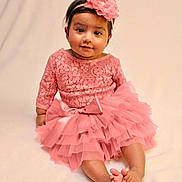 Arya joined the competition — help win amazing prizes! baby, child, pink_dress, headband, flower, sitting, cute, portrait, infant, soft_background, happy, smile, barefoot, tutu, lace, young_child, indoors, one_person, fashion, adorable