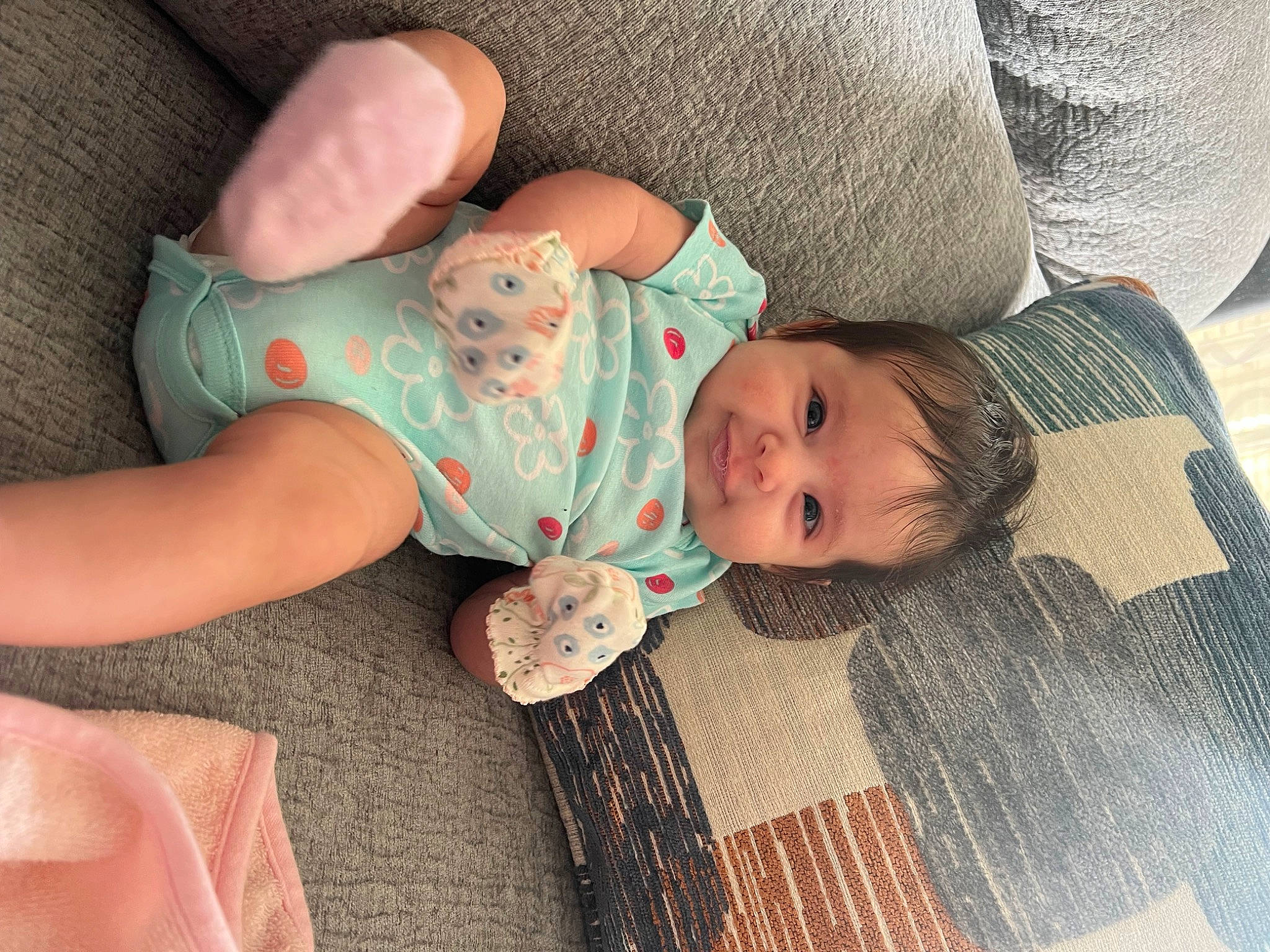 Zaniyah joined the competition — help win amazing prizes! baby, baby_toddler_clothing, cheek, child, comfort, eye, face, finger, head, human_leg, joint, joy, leg, linens, pattern, person, product, skin, textile, thigh